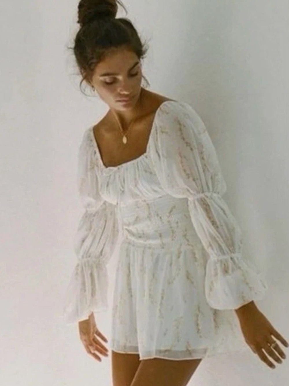 Sabo Skirt White Long Sleeve Mini Dress with Gold Accents